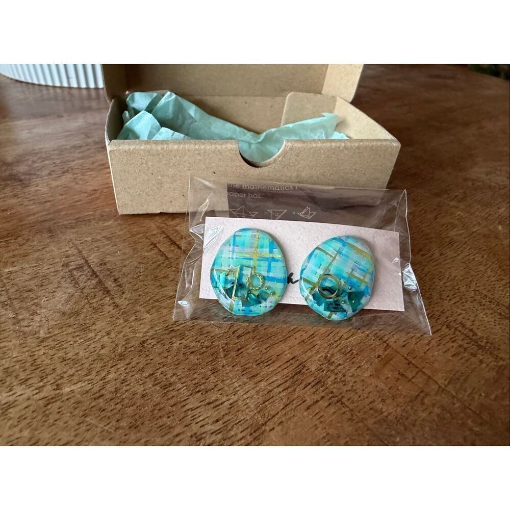 Brand New Resin Stud Earrings OS Green Blue Gold Inlay Made in Japan NWT